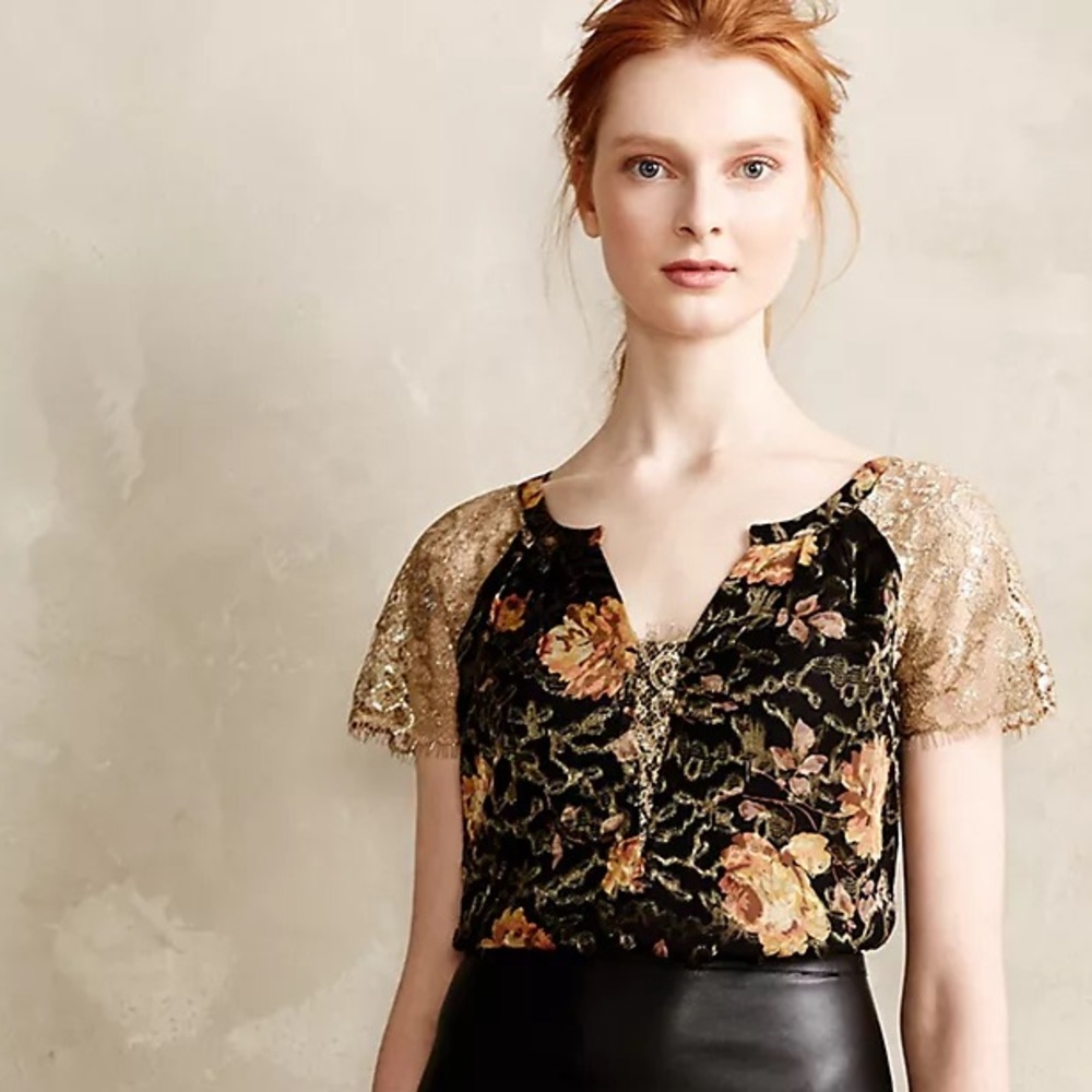 Anthropologie • HD in Paris Black and Tan Lace Flutter Sleeve Blouse